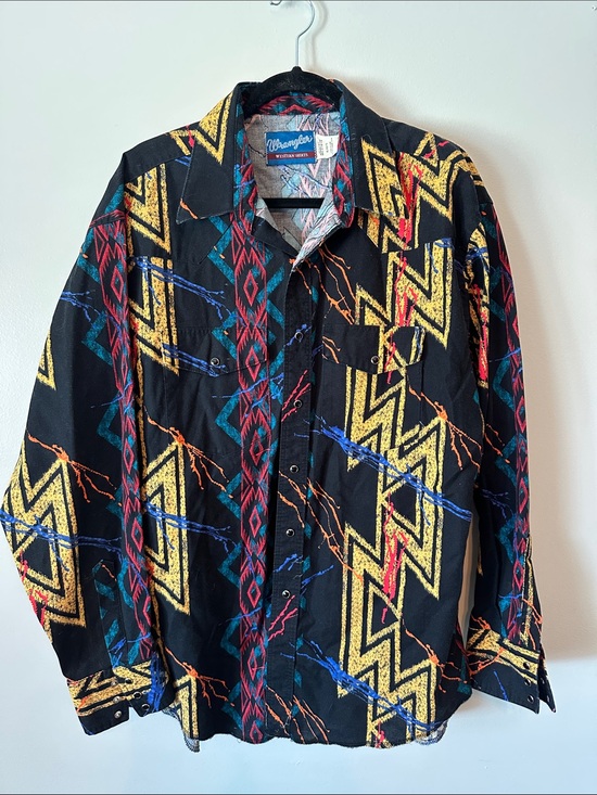 Wrangler Other - VINTAGE Wrangler Black Button-Down Western Shirt with Yellow, Red & Blue Aztec